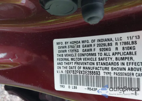 2013 Honda Civic Ex-L from USA, damaged, VIN 19XFB2F9XDE288693